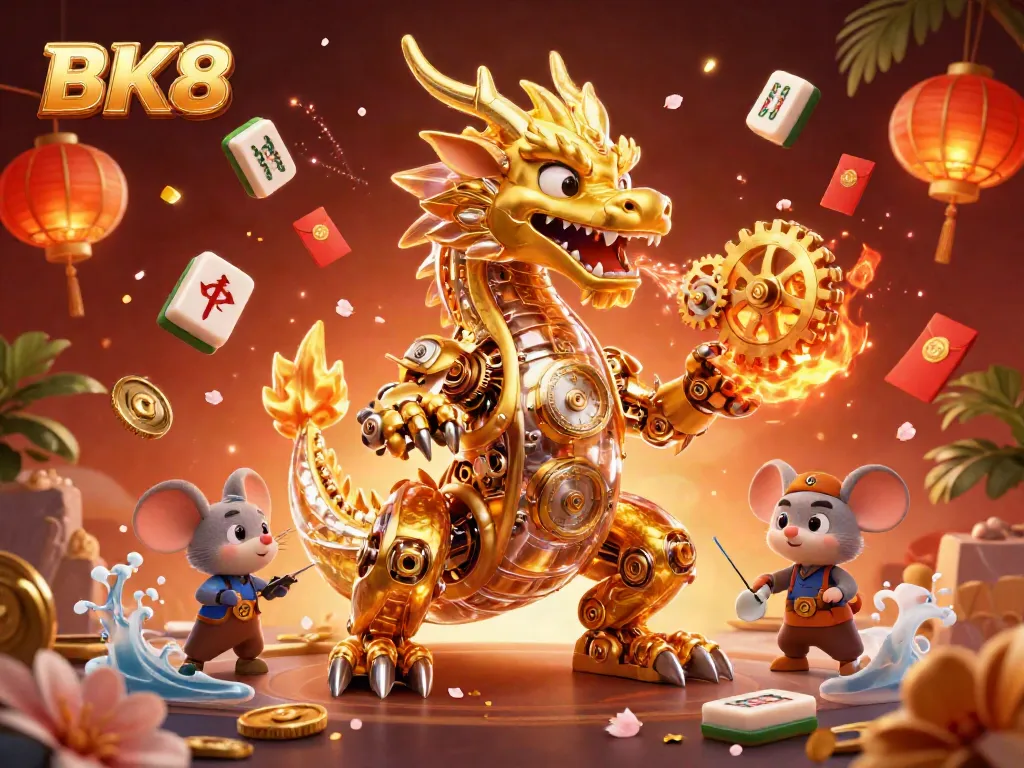 BK8 showcases its excitement through a powerful scene of a mechanical dragon amid casino elements, perfect for gamers.