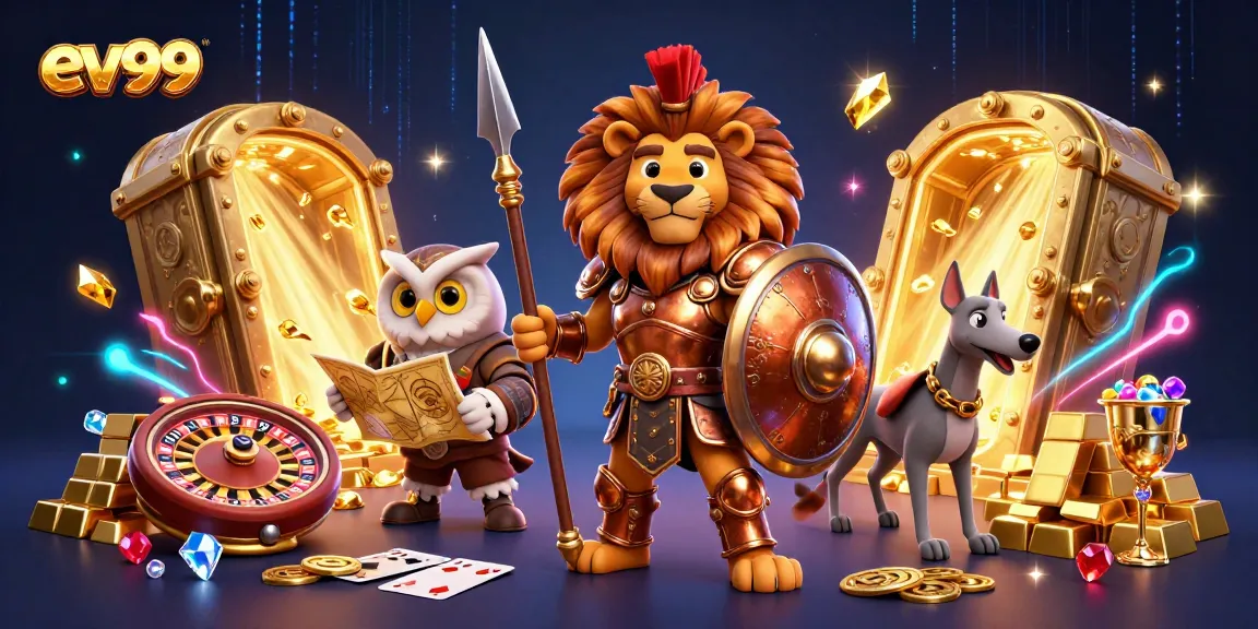 Experience thrilling gaming adventures with ev99 in this vibrant 3D casino illustration featuring heroic characters and rich game elements.