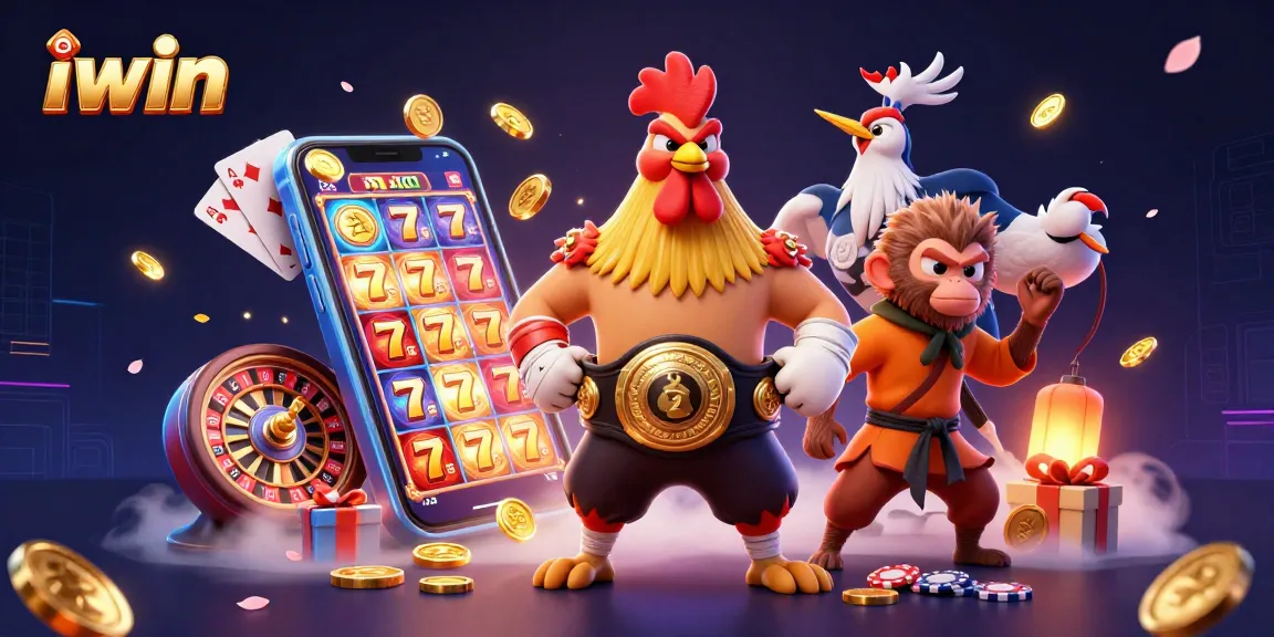 Play exciting iwin slot games with vibrant characters and thrilling action in a dynamic casino scene.