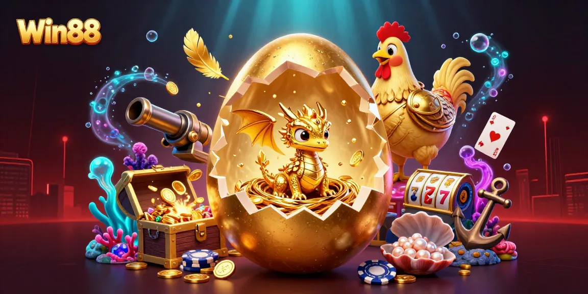 Win88 showcases a golden dragon in a vibrant casino scene filled with intricate gaming elements.