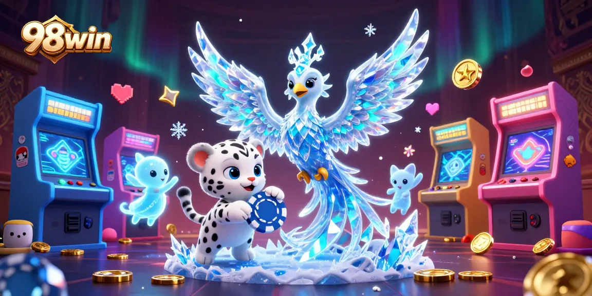 Engage with exciting games at 98win, where a mystical scene unfolds with a phoenix, snow leopard, and energy-filled arcade.