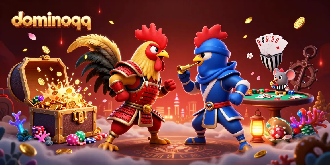 Experience thrilling action at dominoqq with 3D cartoon roosters in combat at a poker table.