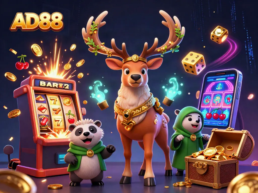 Experience the enchanting world of AD88 with a captivating 3D casino illustration featuring a magical stag and dynamic game elements.