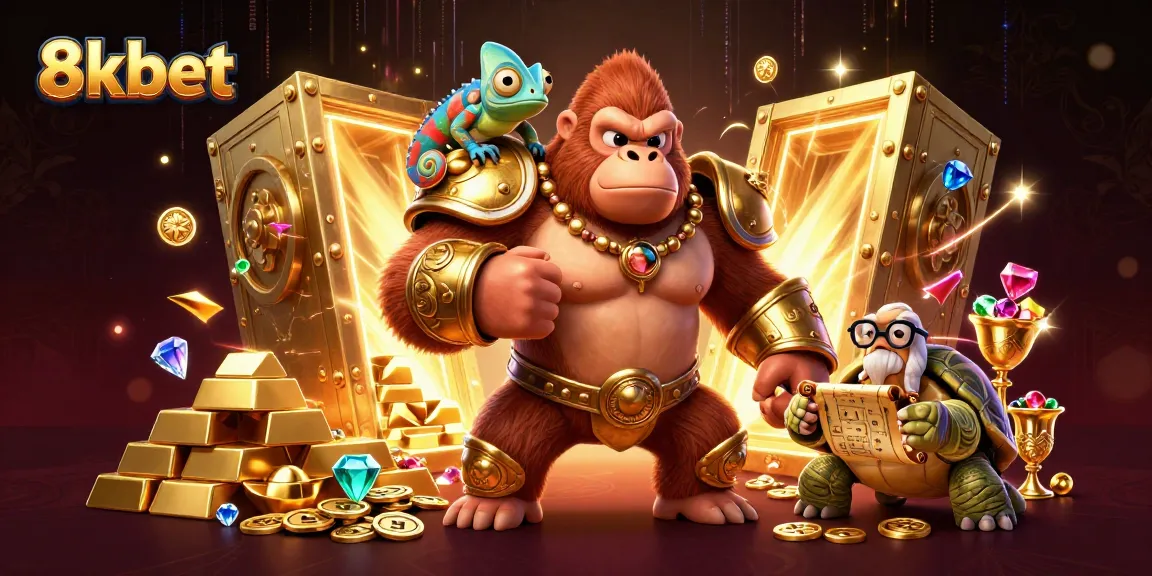 Experience thrilling gameplay with 8kbet's dynamic casino scene featuring a powerful gorilla and treasure.
