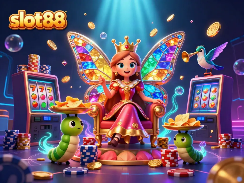 Slot88 menawarkan ilustrasi permainan slot yang menarik dengan elemen berwarna-warni dan karakter unik.