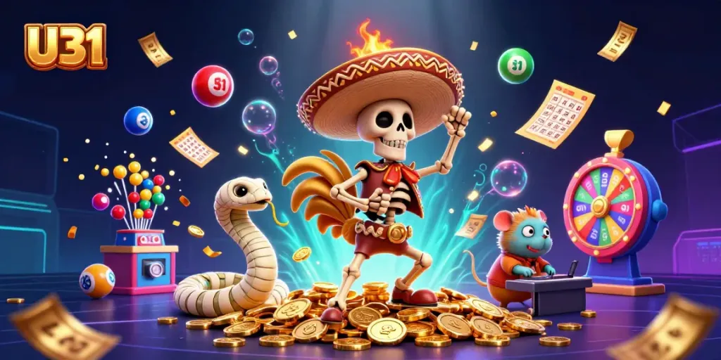 Experience U31's vibrant excitement with a detailed casino scene featuring colorful lottery balls and golden elements.