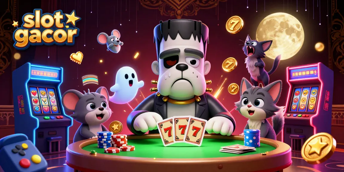Menggali slot gacor terbaik dengan karakter 3D ceria dan elemen kasino berwarna-warni di latar belakang.