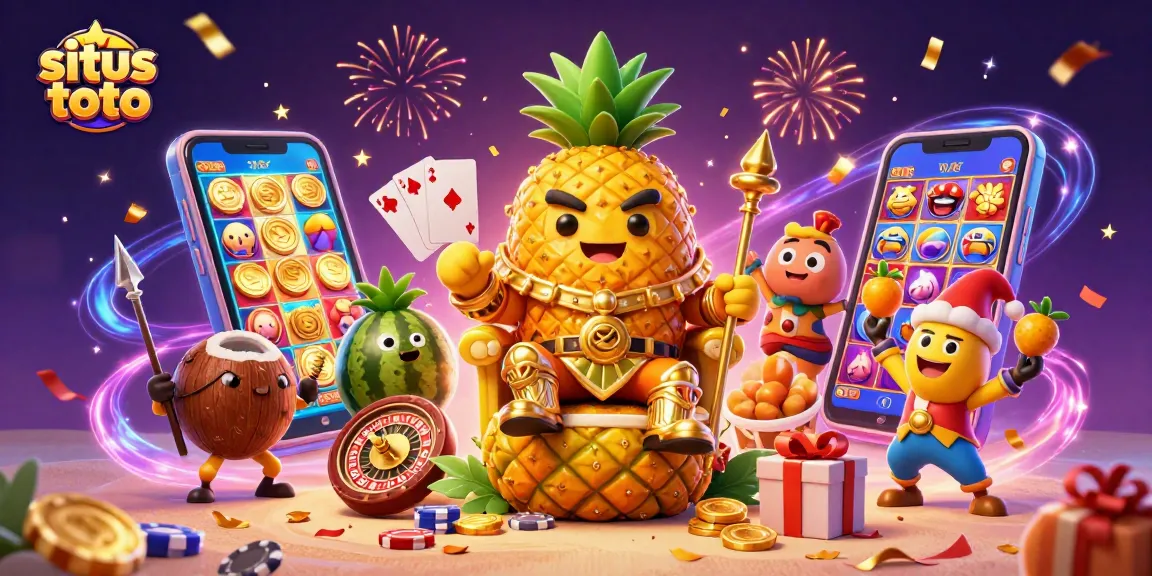 Situs toto brings excitement with a vibrant illustration featuring casino elements and characters.