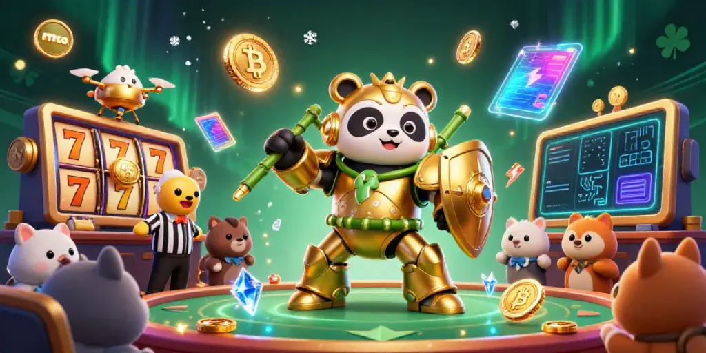 Experience the excitement of mmoo in a vibrant casino arena with a mech-suit panda and glowing crypto elements.