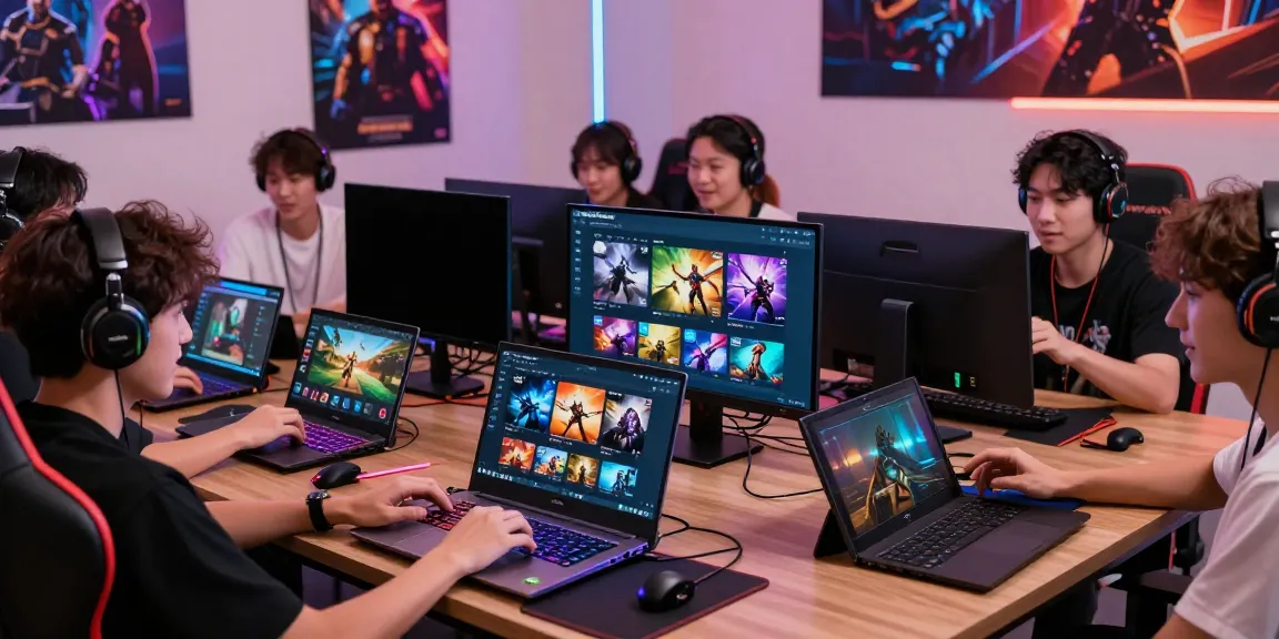 Gamers enjoying QQMacan's integrated platform in a vibrant gaming setup with multiple devices.