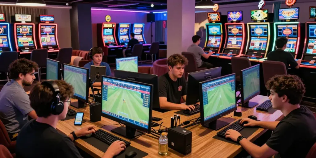 Dynamic betting scene with lotus365 players analyzing cricket and football odds in a vibrant casino atmosphere.