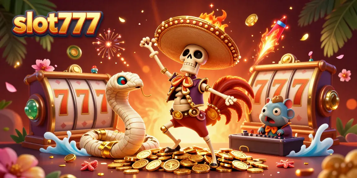 Experience thrilling slots with slot777 as a mariachi rooster celebrates on golden coins.