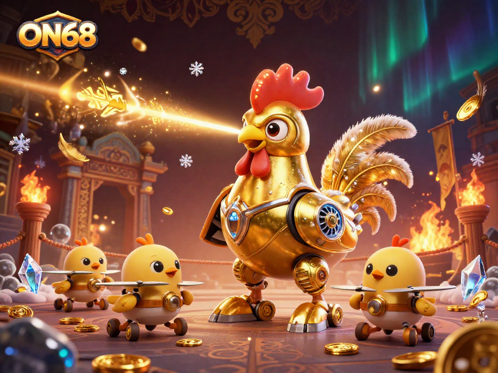 Experience the vibrant gaming world of ON68 with a dynamic golden rooster robot and dancing baby chick drones amidst a rich casino backdrop.