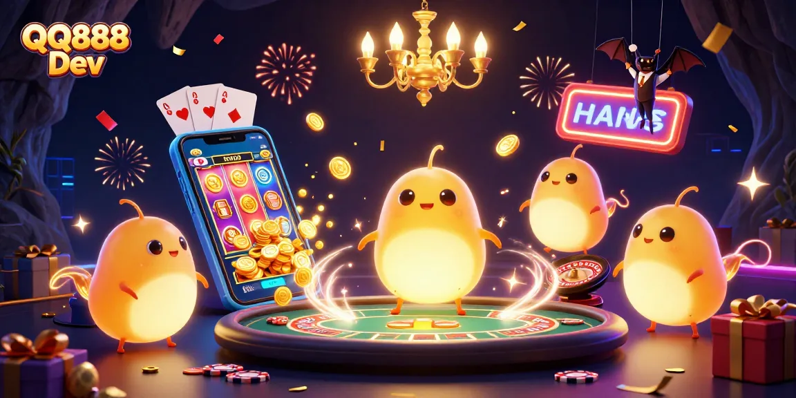 Engage in thrilling gameplay with QQ888 Dev in a vibrant, illuminated cave casino featuring animated glowworms.