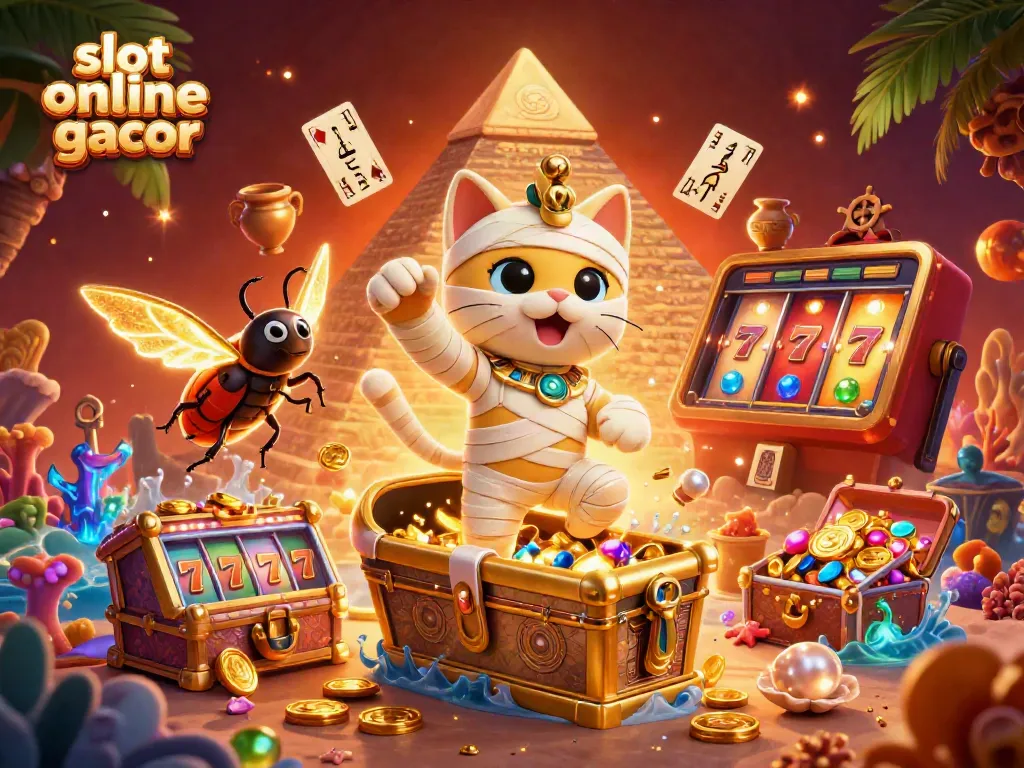 Experience slot online gacor with a vibrant 3D scene of a mummy cat in a casino bursting with energy.