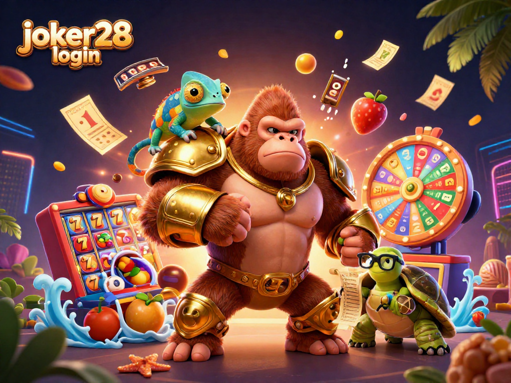 Login joker28 sambil bermain slot dengan karakter unik dalam ilustrasi kasino digital.