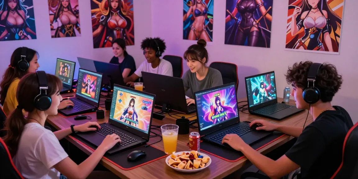 Engaging gamers playing female hentai game in a vibrant social setting