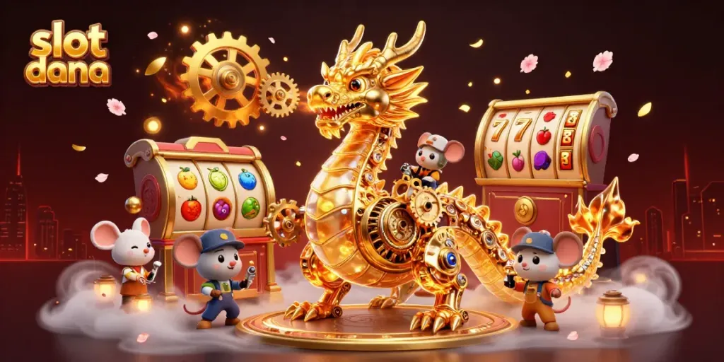 Gambarkan slot dana dengan naga emas mekanis dan elemen permainan keberuntungan lainnya.