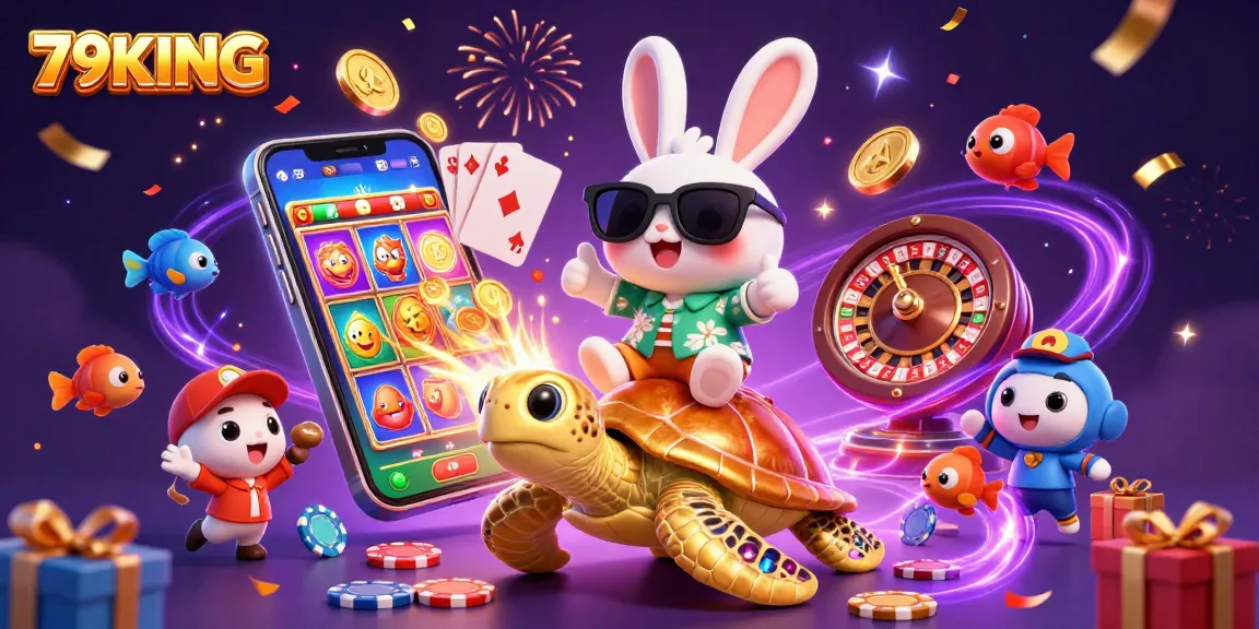 79KING captivates players with a cartoon rabbit and sea turtle riding in a vibrant casino scene.