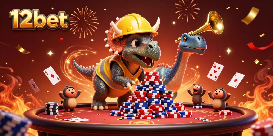 Trải nghiệm cá cược tại 12bet với hình ảnh tấm thẻ poker và robot dino vui vẻ.