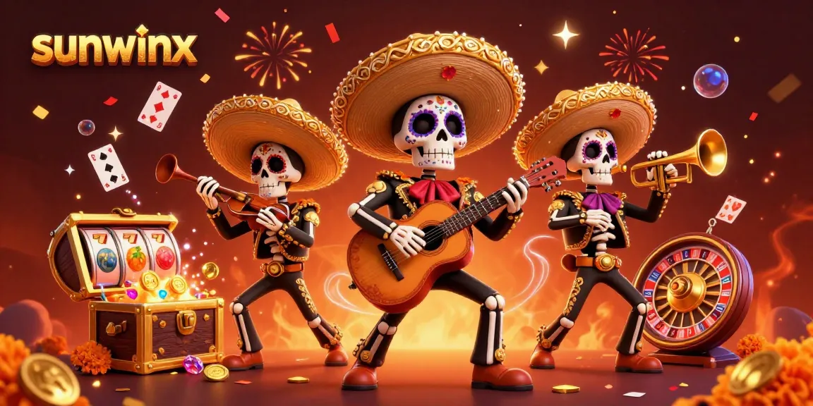 Experience thrilling wins with sunwinx, featuring mariachi skeletons and colorful casino elements.