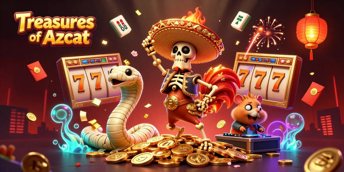 Treasures of Aztec showcases lively casino scene with dancing characters on golden coins.