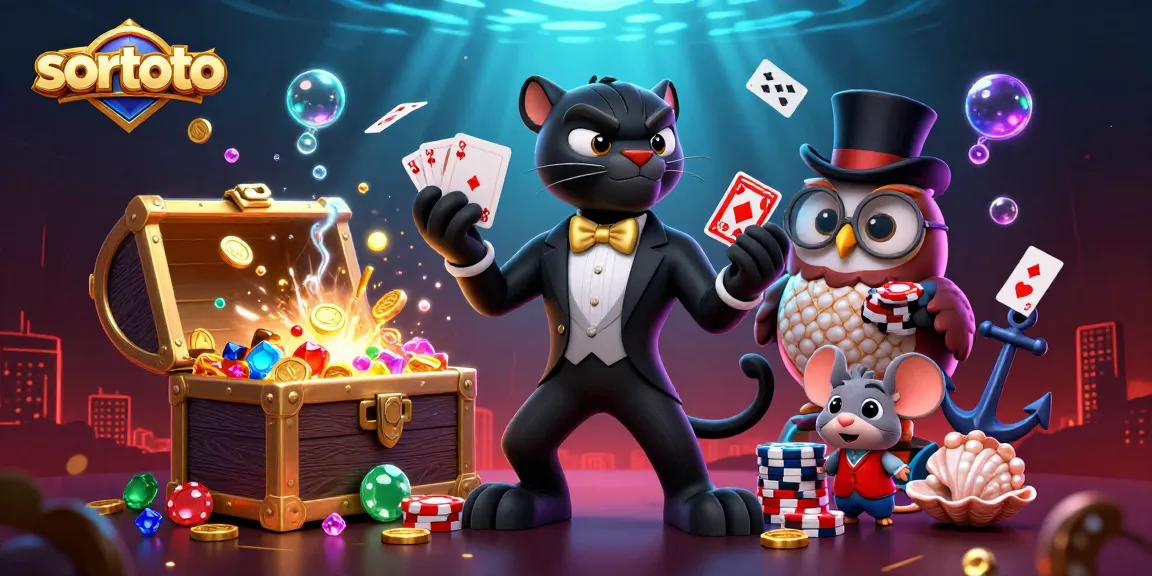 Experience thrilling gameplay at sortoto with a 3D panther dealer, owl, and lucky mouse in a vibrant casino scene.
