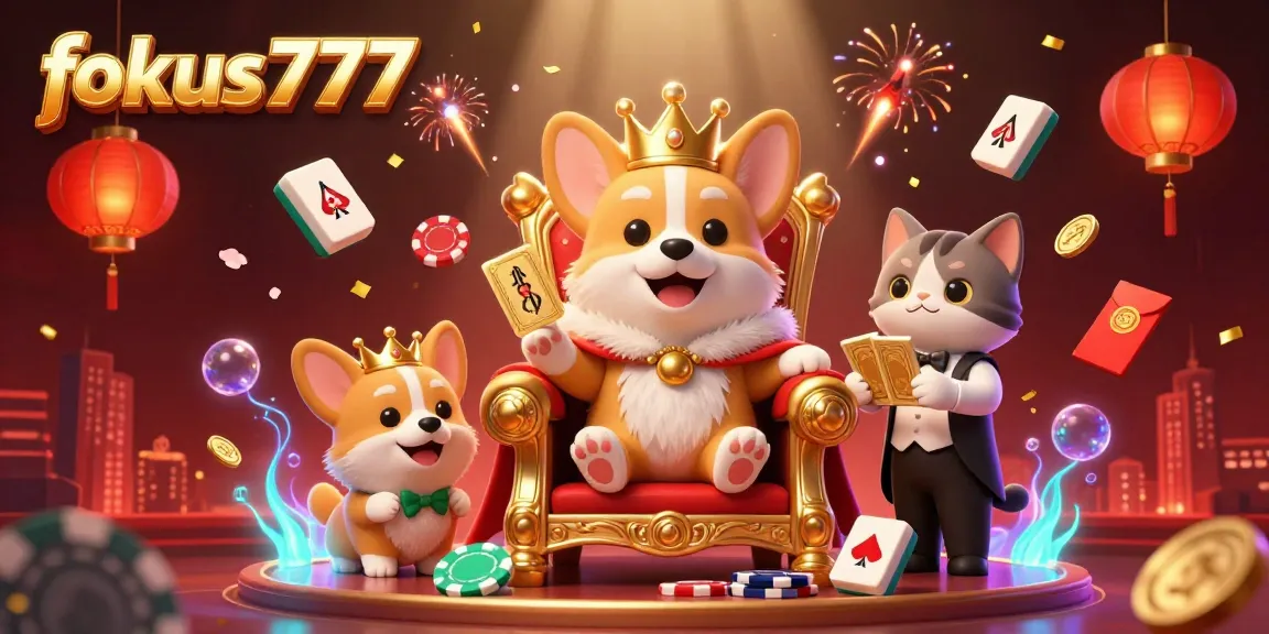 Experience excitement at fokus777 with a playful royal corgi surrounded by vibrant casino elements.