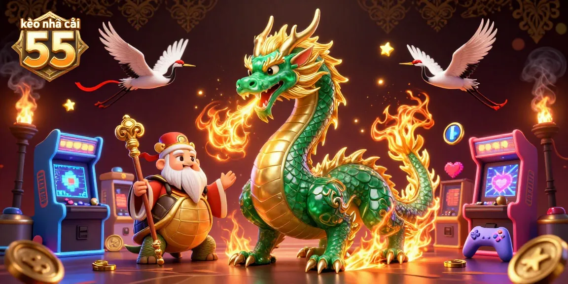 Experience kèo nhà cái 55 with vibrant 3D illustrations of dragon, crane, and turtle in a dynamic casino scene.