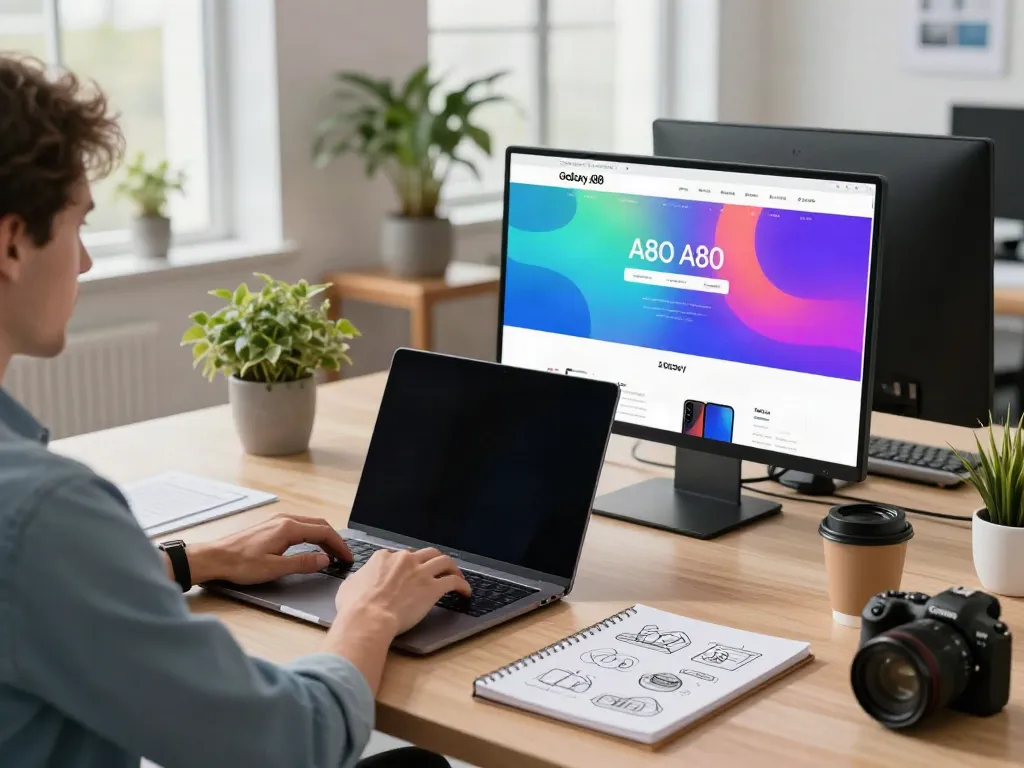 The A80 website displayed on modern tech workspace monitors, embodying innovation and productivity.