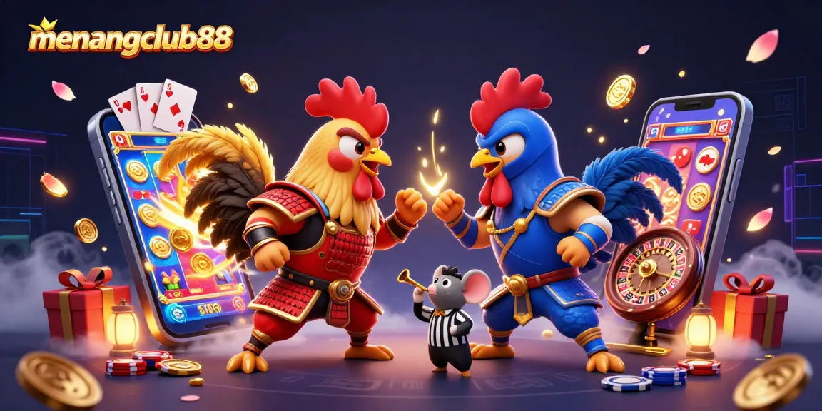 Experience exciting gameplay at menangclub88 with battling roosters and vibrant casino elements.