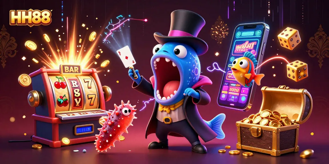 Spin to win at HH88 with lively 3D characters performing magical card tricks amidst casino elements.