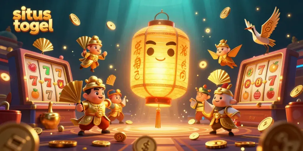 Experience the excitement of situs togel with a vibrant casino scene featuring lucky symbols and golden characters.