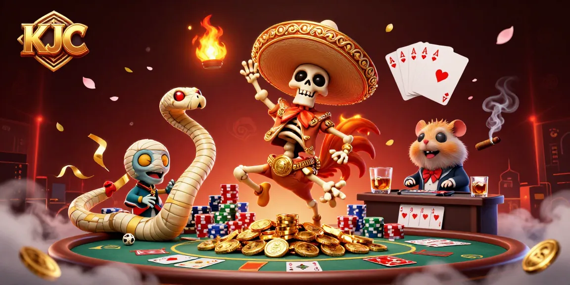 Experience thrilling poker action with KJC in a vibrant 3D casino scene filled with animated characters.