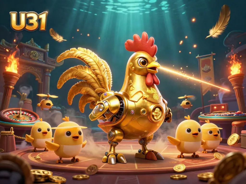 Experience the vibrant U31 casino environment with a golden rooster robot and baby chick drones.