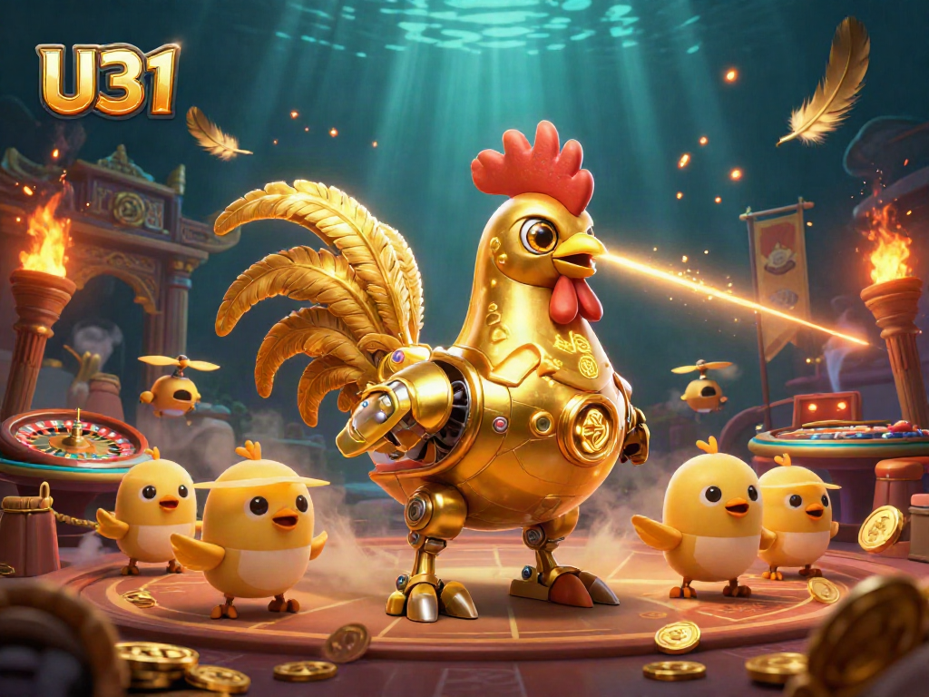 Experience the vibrant U31 casino environment with a golden rooster robot and baby chick drones.