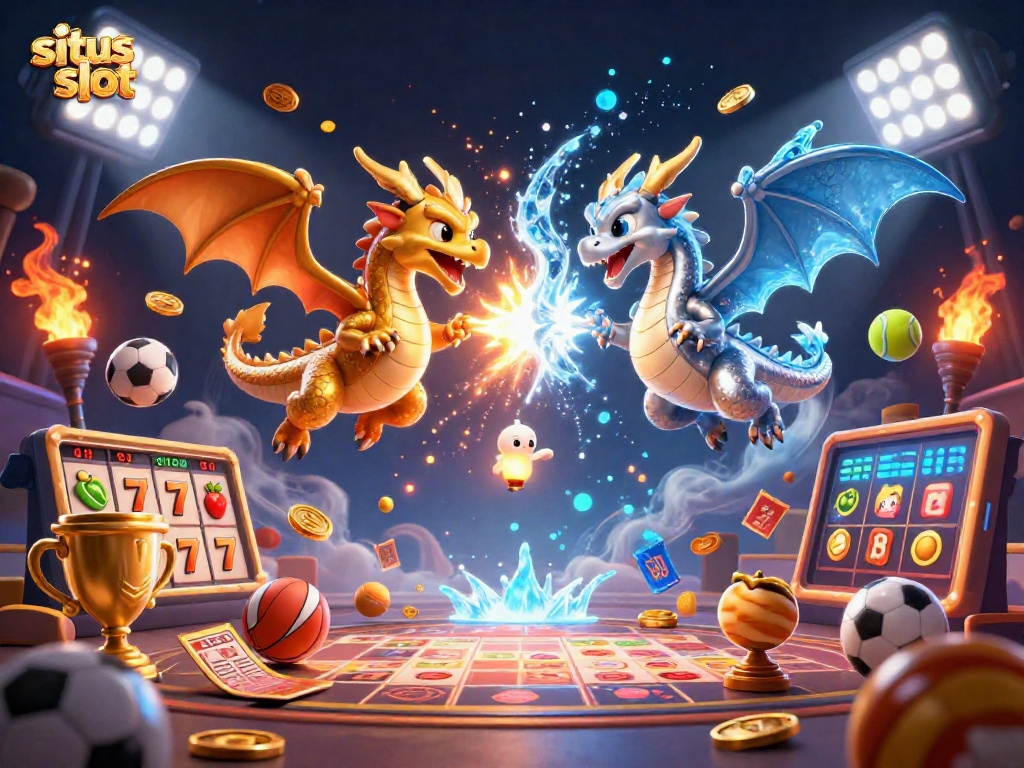 Melihat situs slot dengan permainan slot gacor dan simbol keberuntungan, dikelilingi elemen bertema kasino.
