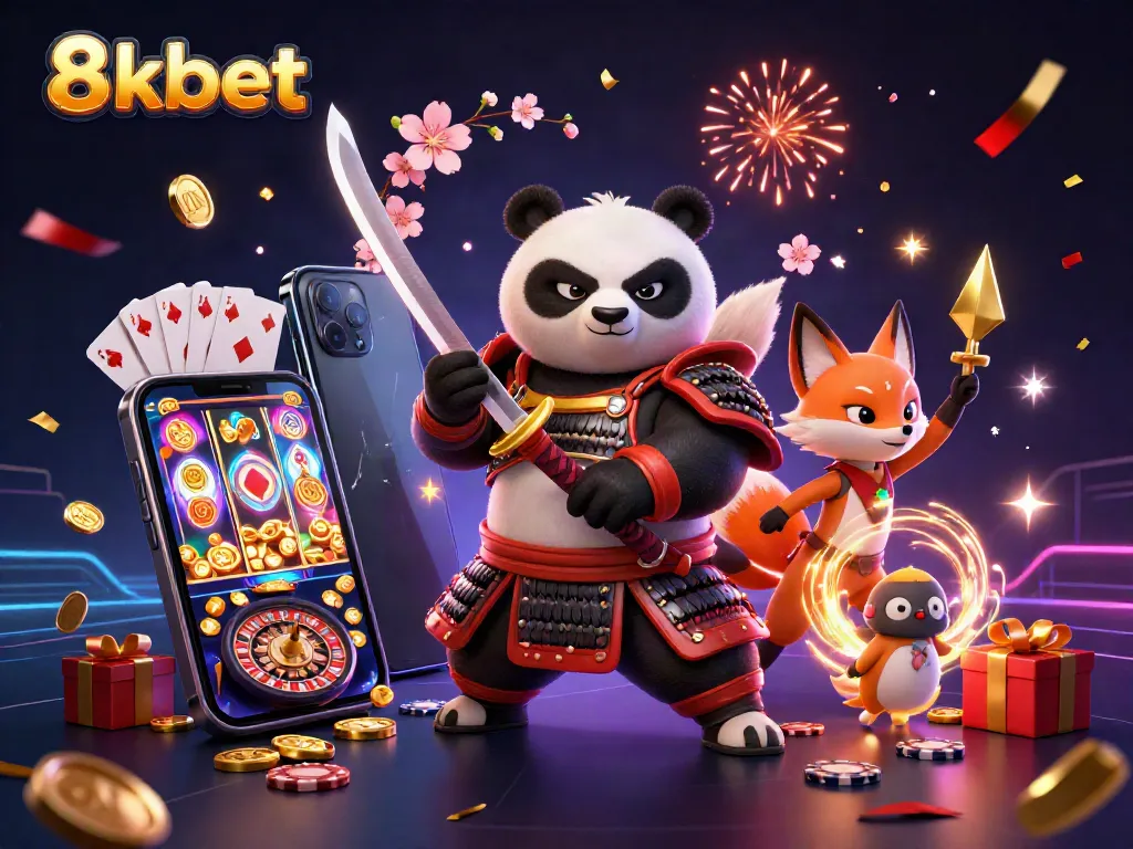 Engage in excitement with 8kbet as a fierce samurai panda and ninja fox showcase dynamic casino elements.