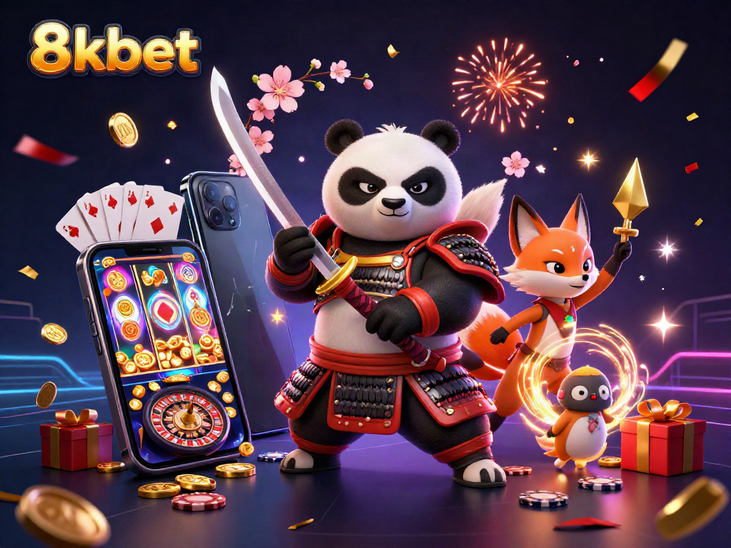 Engage in excitement with 8kbet as a fierce samurai panda and ninja fox showcase dynamic casino elements.