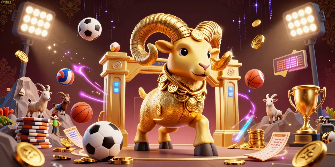 Engage in thrilling sports betting with Onbet's vibrant 3D illustration featuring a golden ram and dynamic elements.