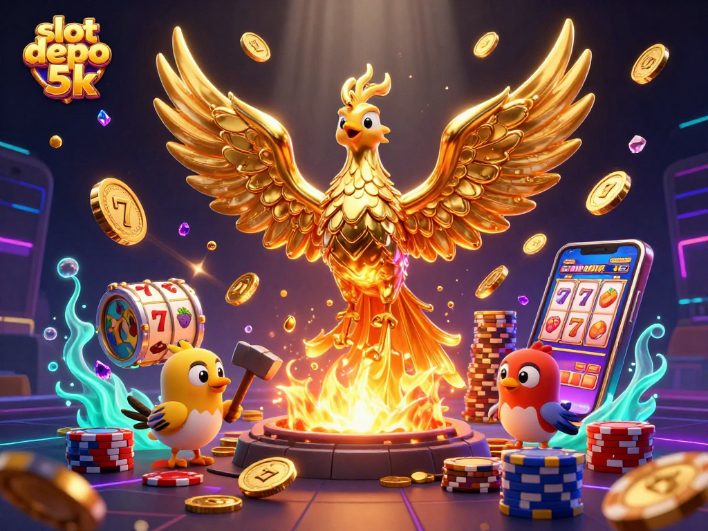 Experience excitement with slot depo 5k as a golden phoenix emerges, surrounded by casino elements.