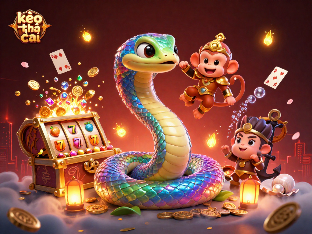 Engage with the vibrant kèo nhà cái world, as colorful characters surround a golden treasure trove of winnings.