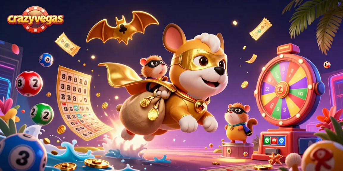 Experience jackpot wins with crazyvegas as a superhero dog flies with gold coins and vibrant lottery elements.