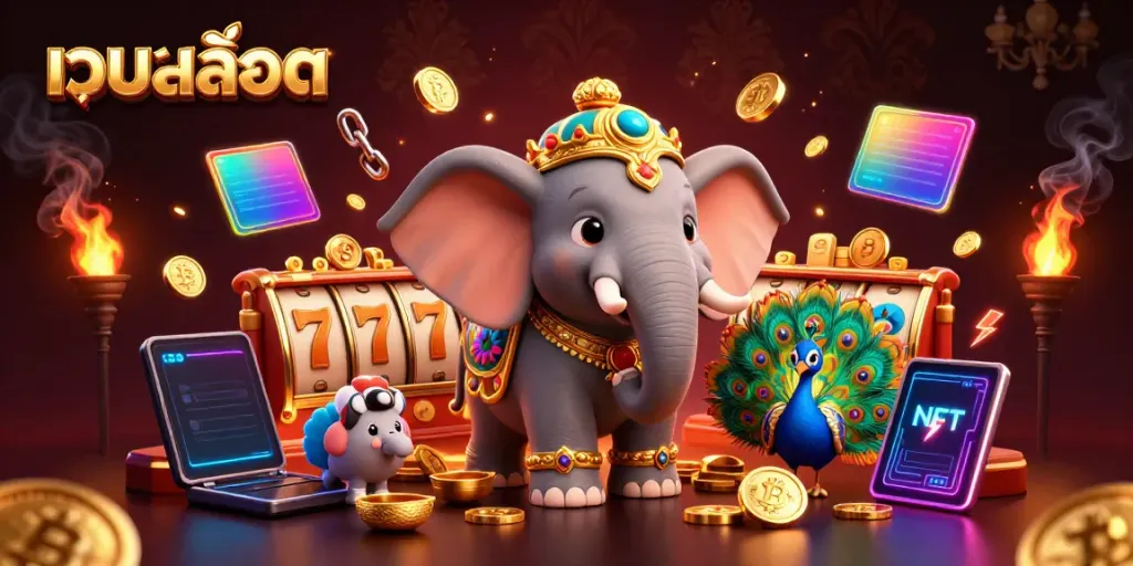 Spin to win with เว็บสล็อต in vibrant 3D casino celebration featuring a golden elephant and peacock.