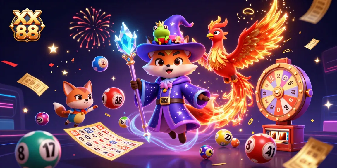 Play thrilling games at XX 88, featuring a wizard fox and phoenix in a vibrant casino setting.