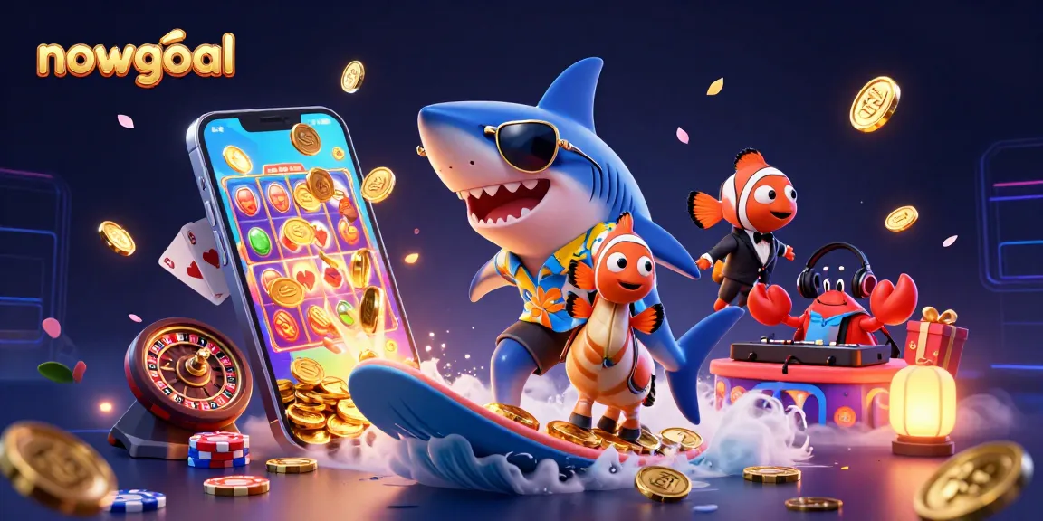 Surf with nowgoal’s live scores in a vibrant, action-packed 3D casino illustration featuring a shark and friends.