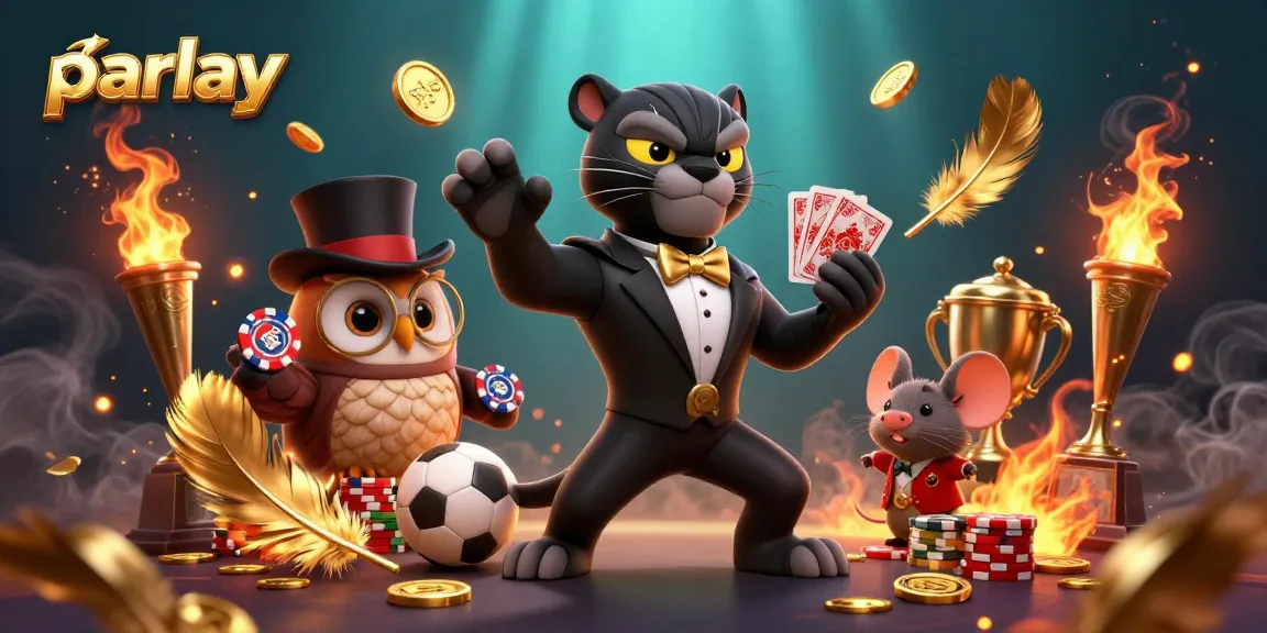 Engage in parlay betting strategies illustrated by a panther, owl, and mouse at a vibrant sports scene.