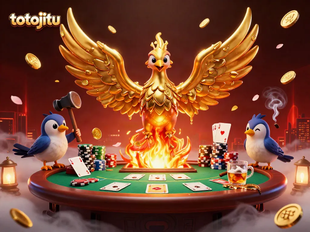 Experience the thrilling world of totojitu with a molten golden phoenix, poker chips, and winning cards.