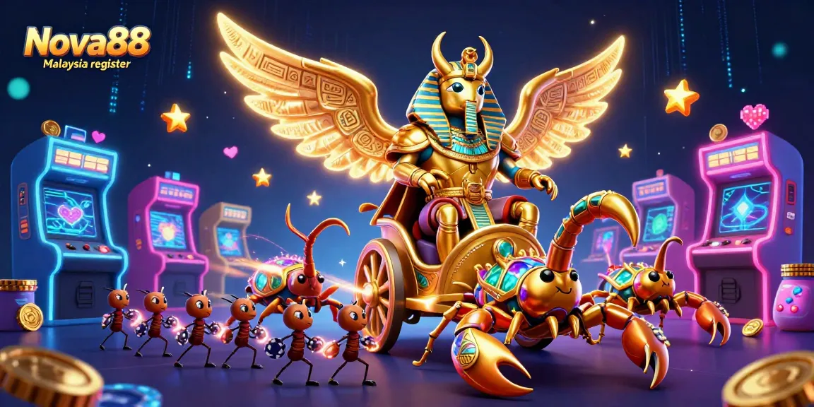 Engage with Nova88 Malaysia register at this vibrant online casino, featuring a golden scarab beetle and gaming elements.