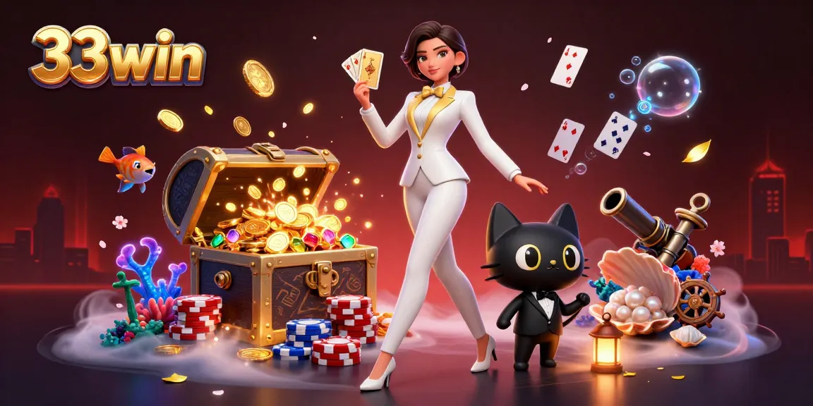 Embrace your luck at 33win with a glamorous gaming scene featuring captivating cards and vibrant casino elements.